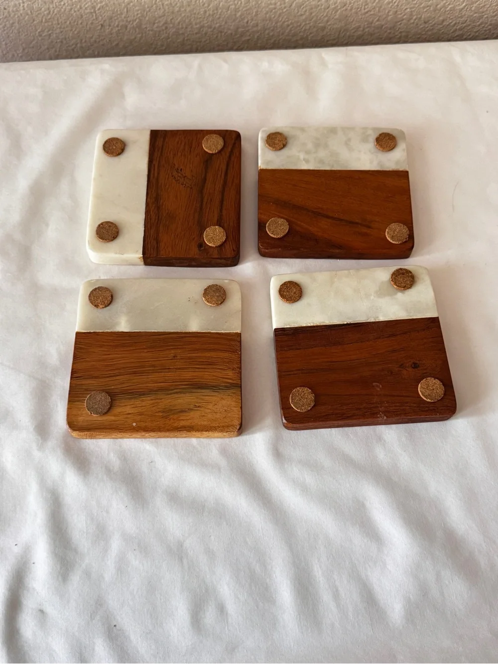 Two-Tone Wood & White Marble Square Coasters - Set of 4